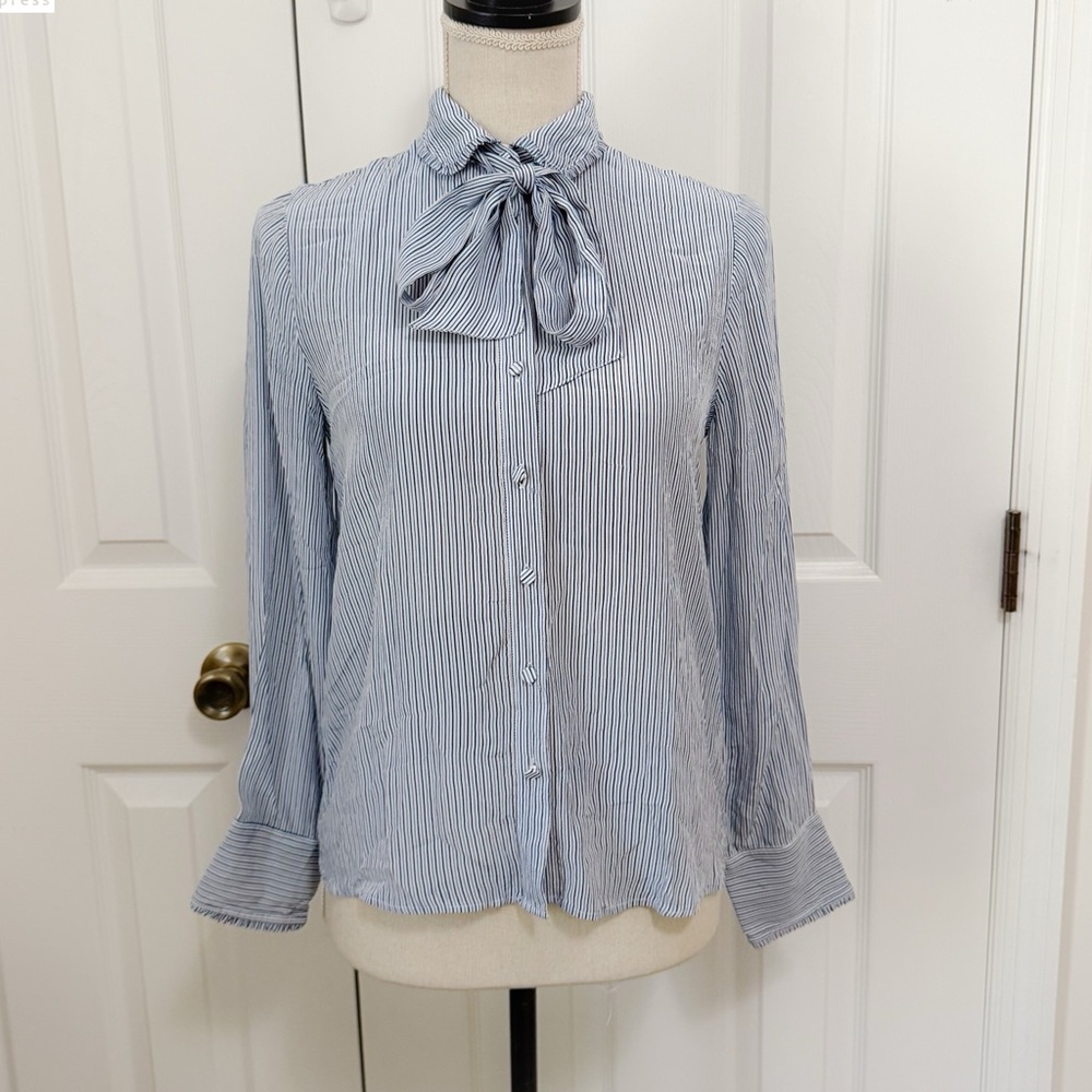 J. Crew Blue/White Striped Tie Neck Blouse Size XS - Picture 4 of 8